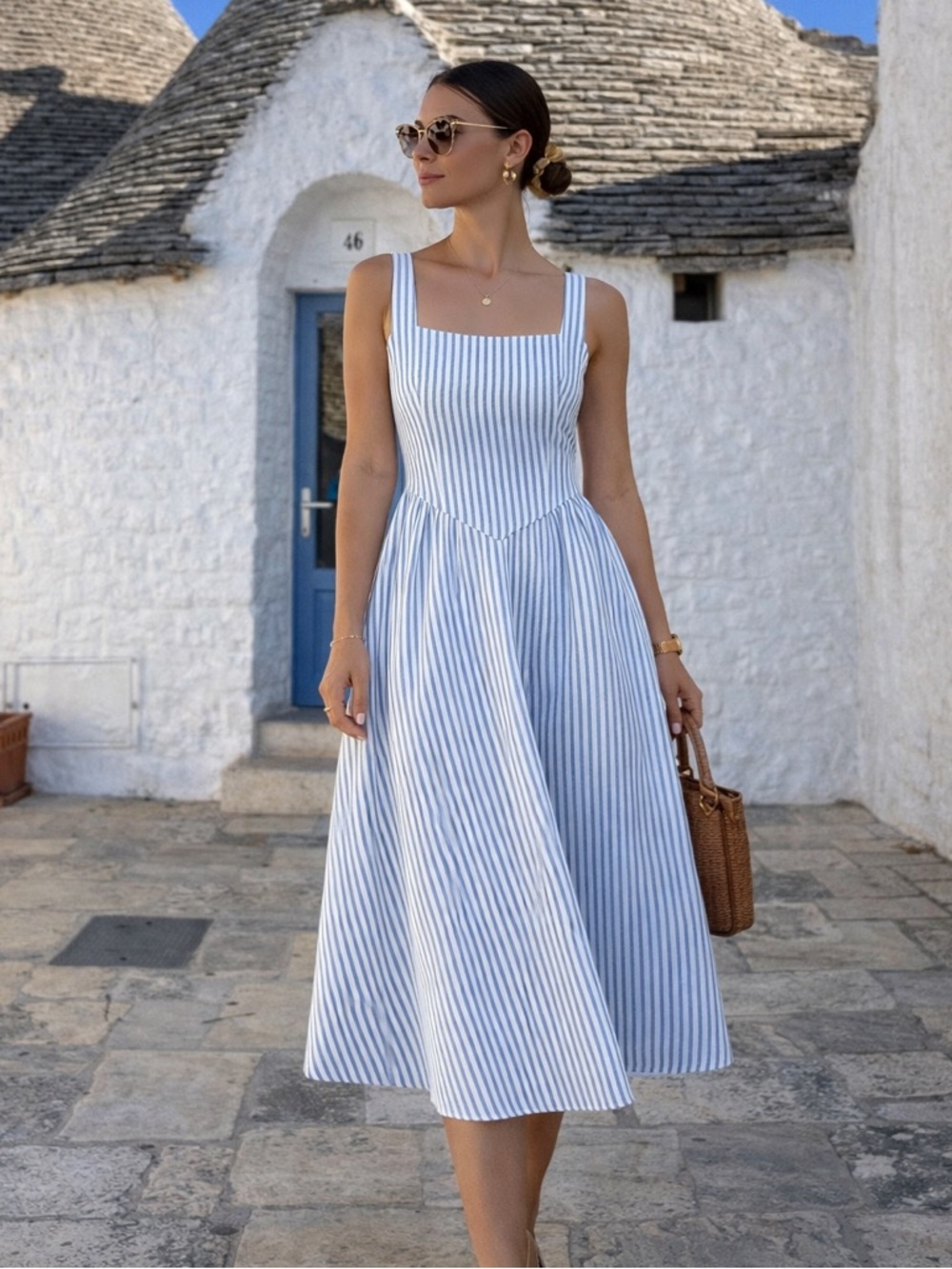 Striped midi dress light blue white boho preppy square neck v waist